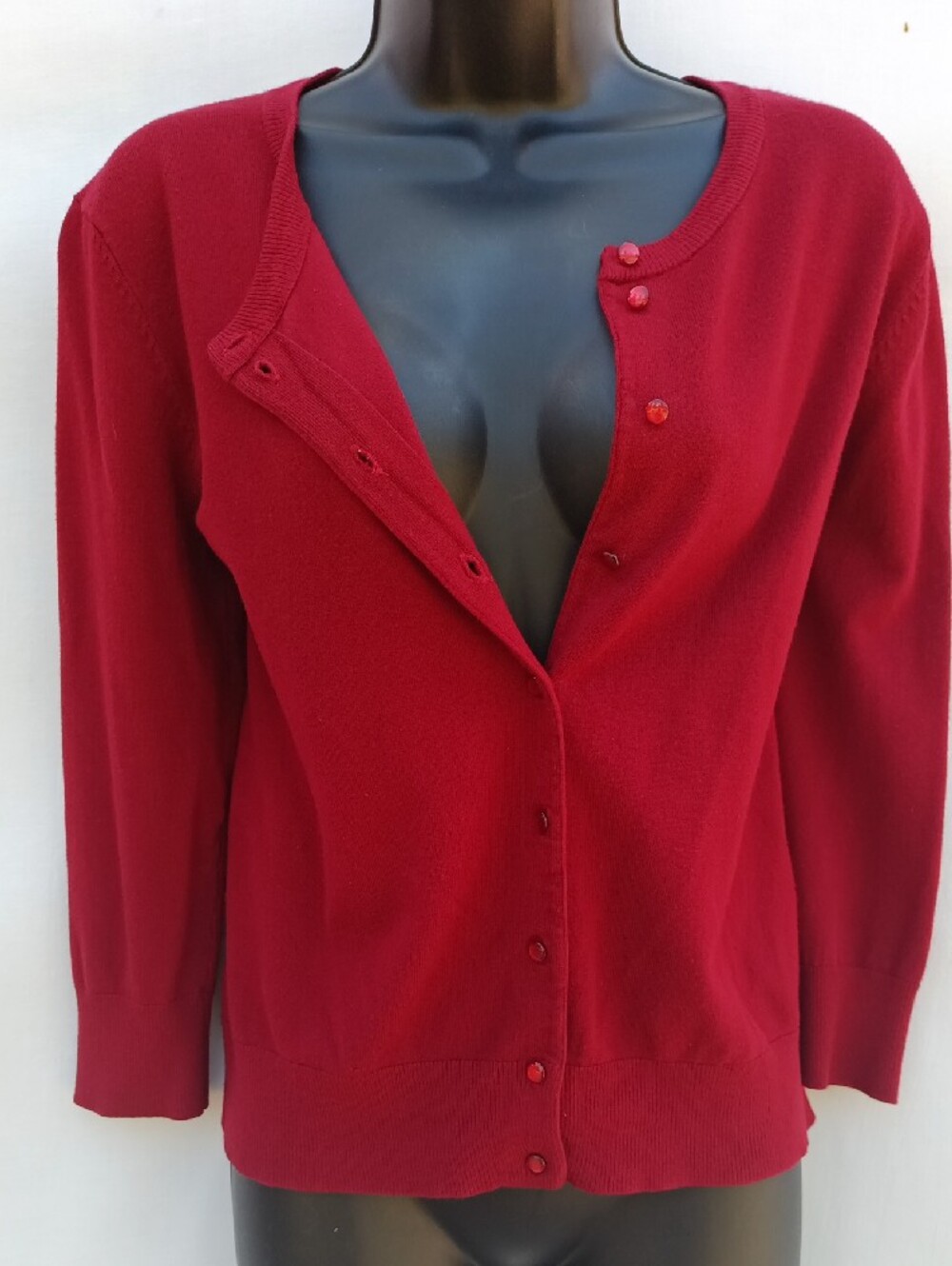 Women's Classic Deep Red Button-Front Cardigan Upcycled W Bold Back Graphic